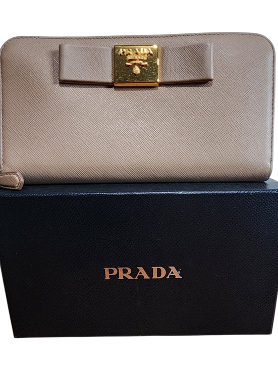 Prada Handbags - Super EUC Prada Taupe Saffiano Leather Zip Wallet with Bow and Gold Hardware